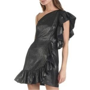 Sandro Effie One Shoulder Metallic Ruffle Mini Dress
